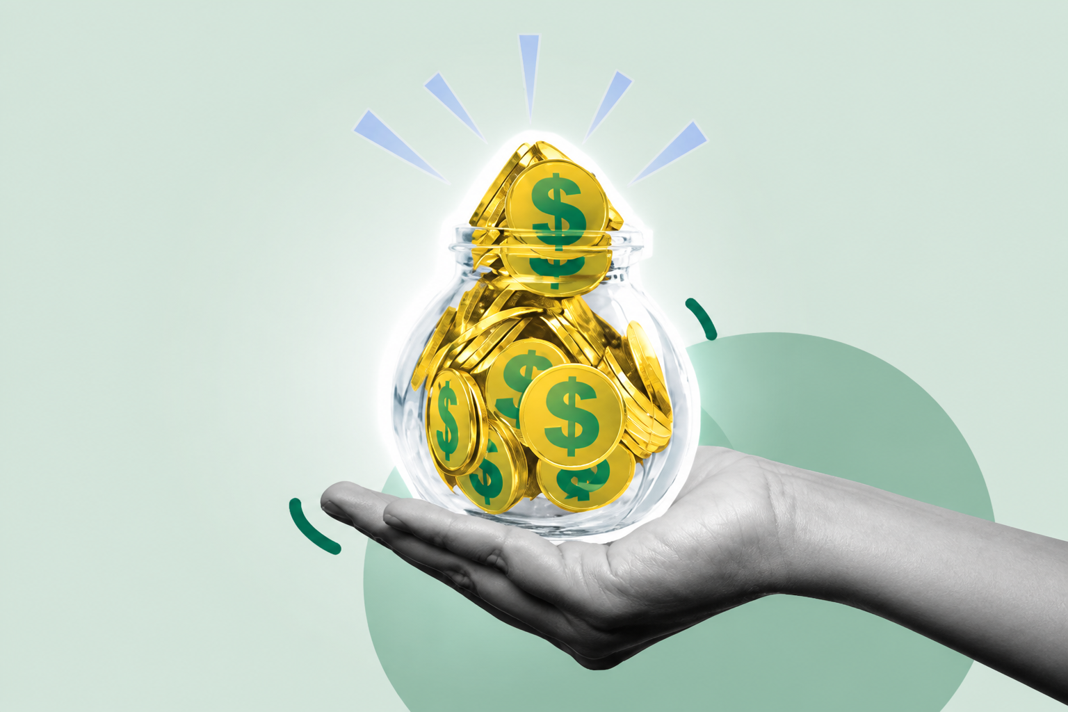 Hand holding a jar of gold coins