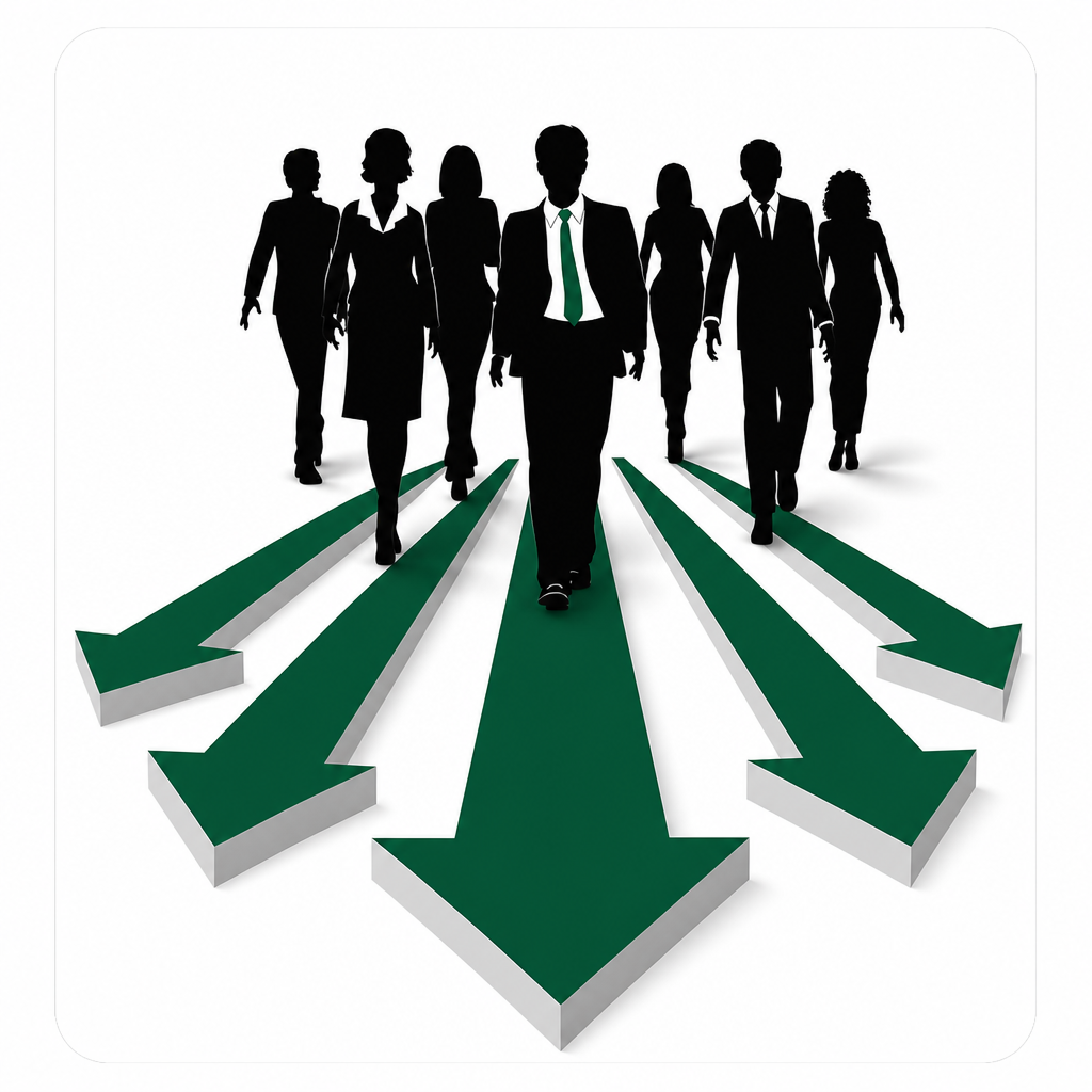 Professionals walking forward on fanning green arrows