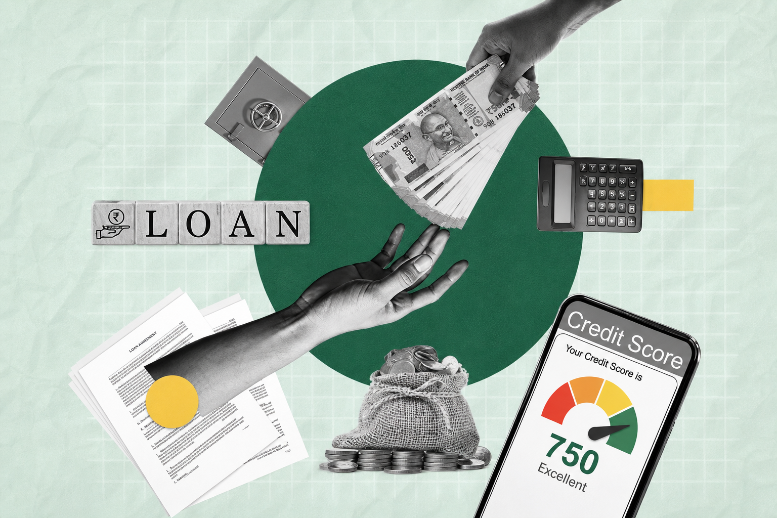 Hands exchanging rupee notes surrounded by loan, savings and credit-score symbols
