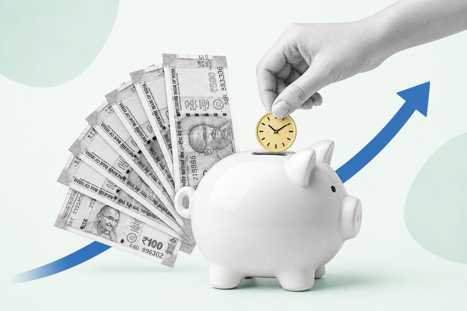 Piggy bank with rupee notes and a coin for fixed saving