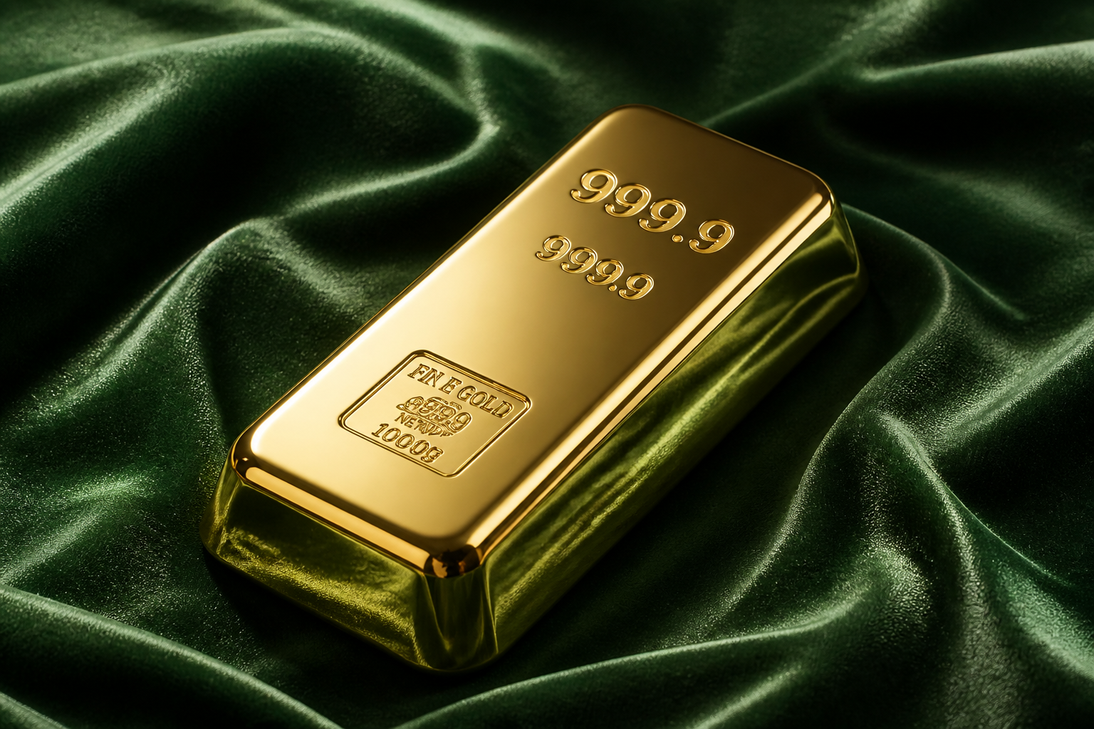 Gold bullion bar on green fabric for a gold loan