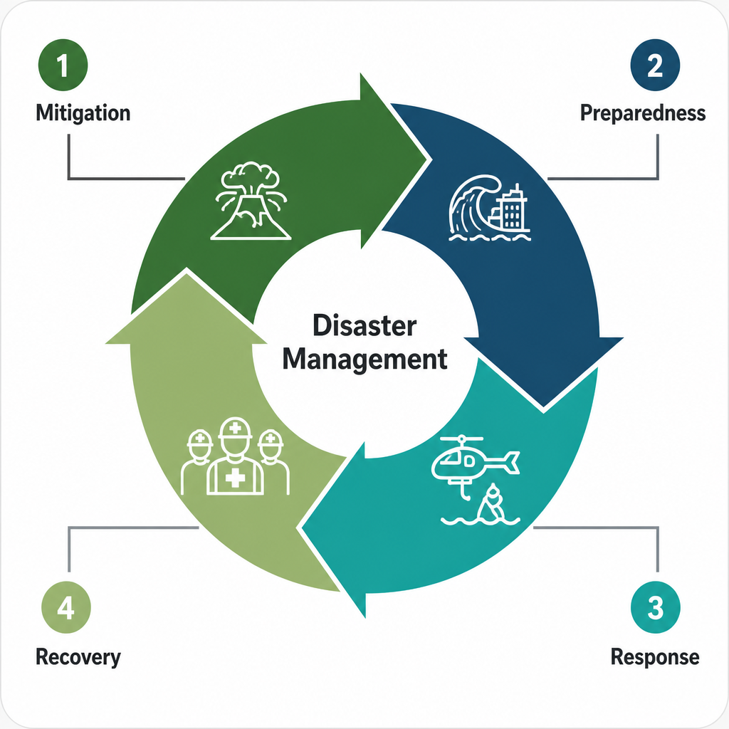Disaster management cycle showing mitigation, preparedness, response and recovery