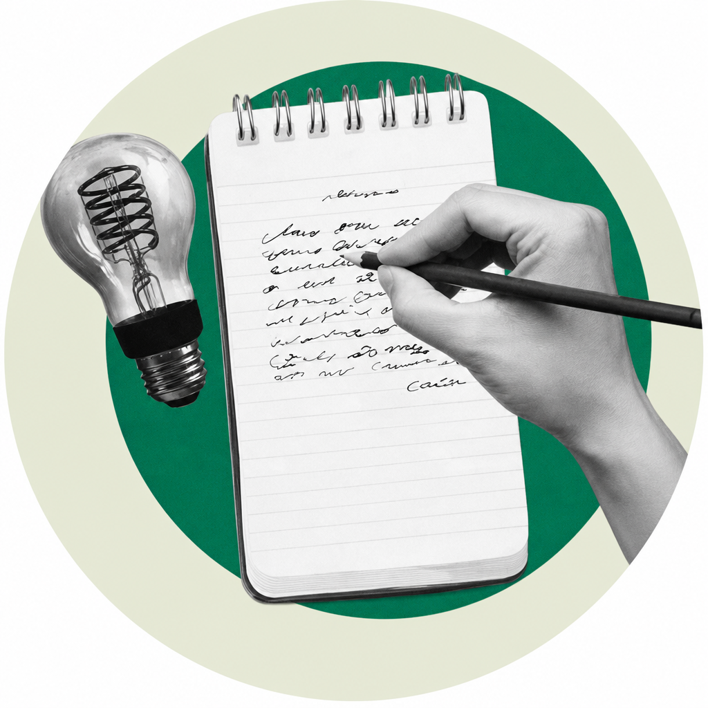 Hand writing in a notebook beside a lightbulb