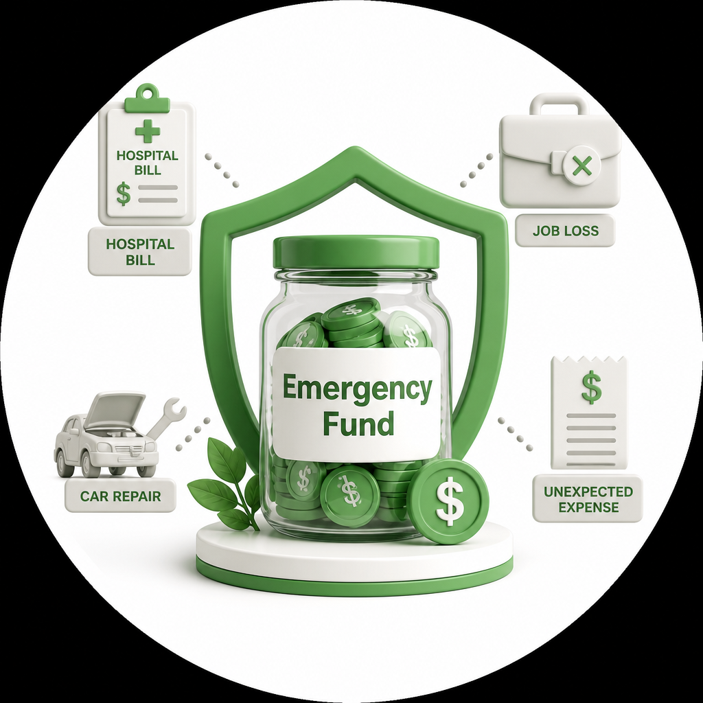 Emergency fund jar with a shield and icons for hospital bills, job loss, car repair and unexpected expenses