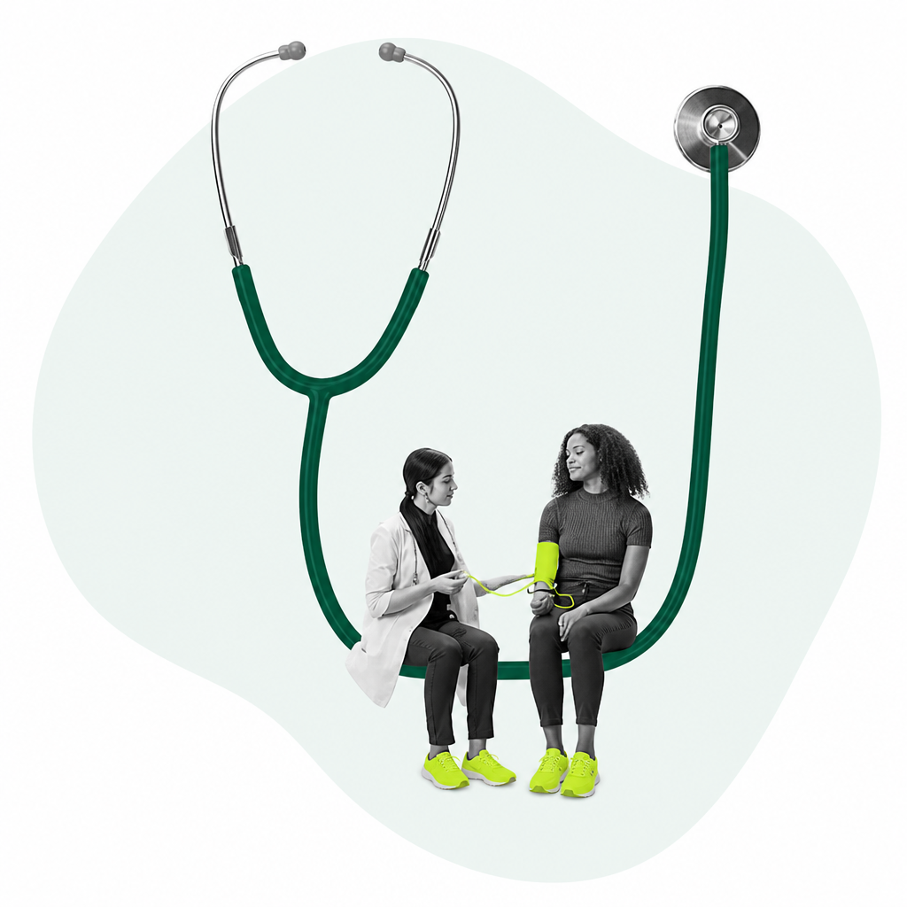 Doctor checking a member’s blood pressure, framed by a green stethoscope