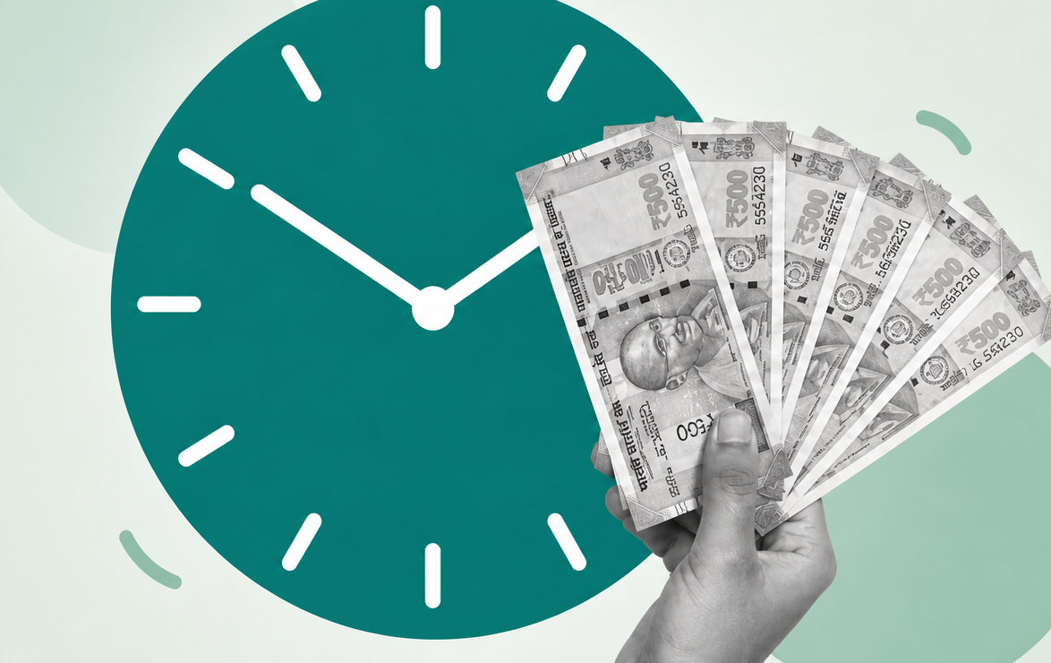 Clock and a hand holding rupee notes for monthly saving