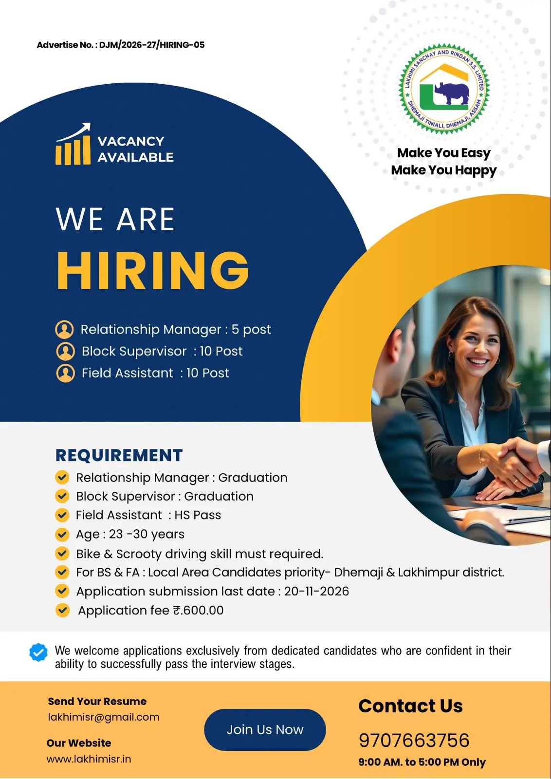 Vacancy notice. We are hiring Relationship Manager, Block Supervisor, and Field Assistant. Join us.
