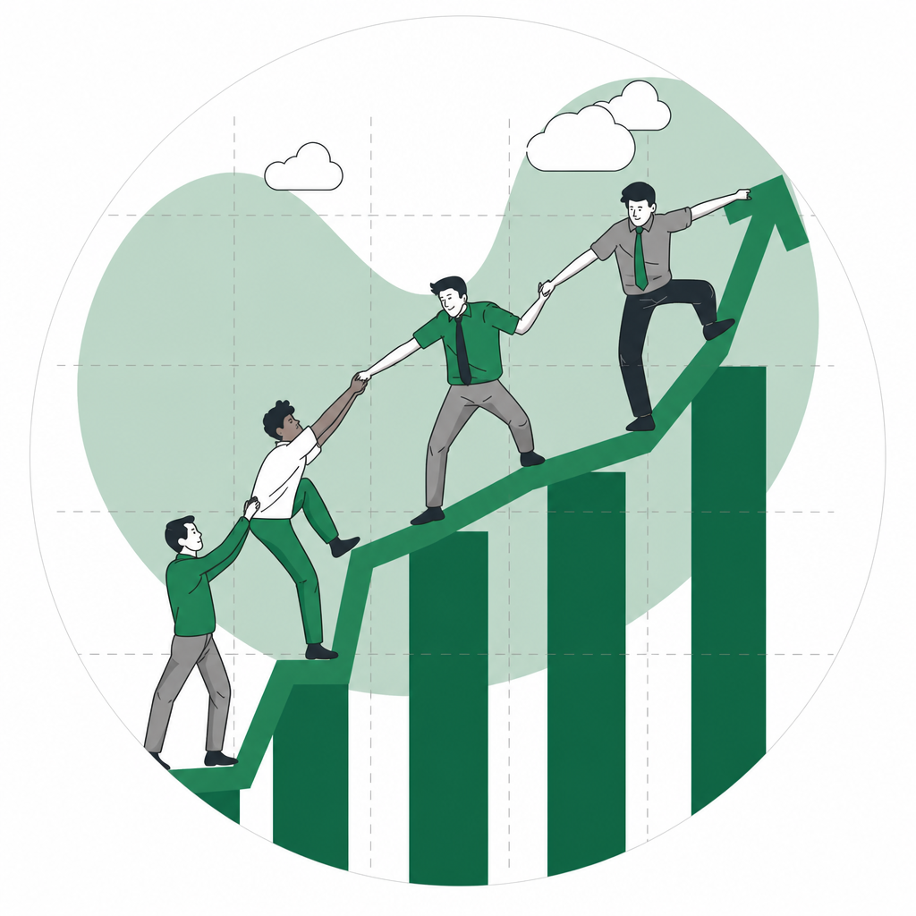 People helping each other climb a rising bar chart