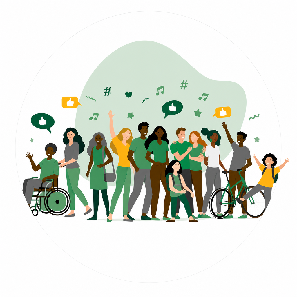Diverse community of people standing together, including a wheelchair user, a cyclist and a child