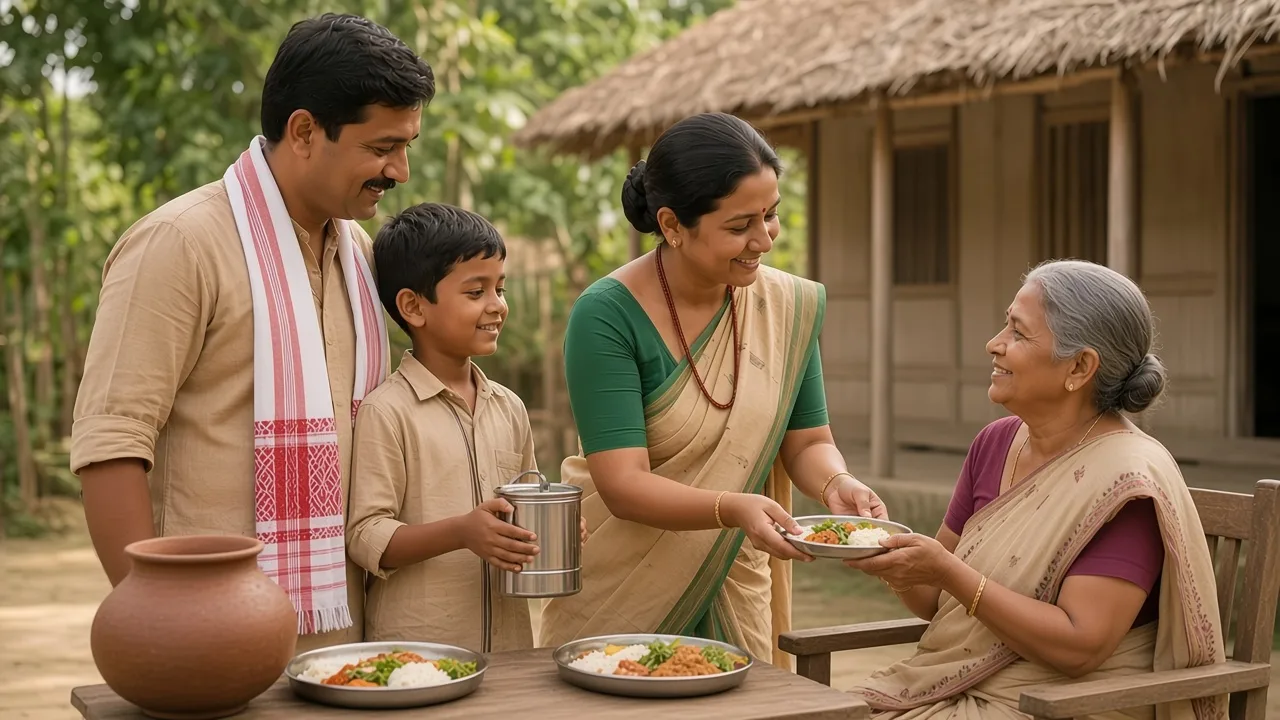 Volunteers serving a community meal to elders in a Dhemaji village